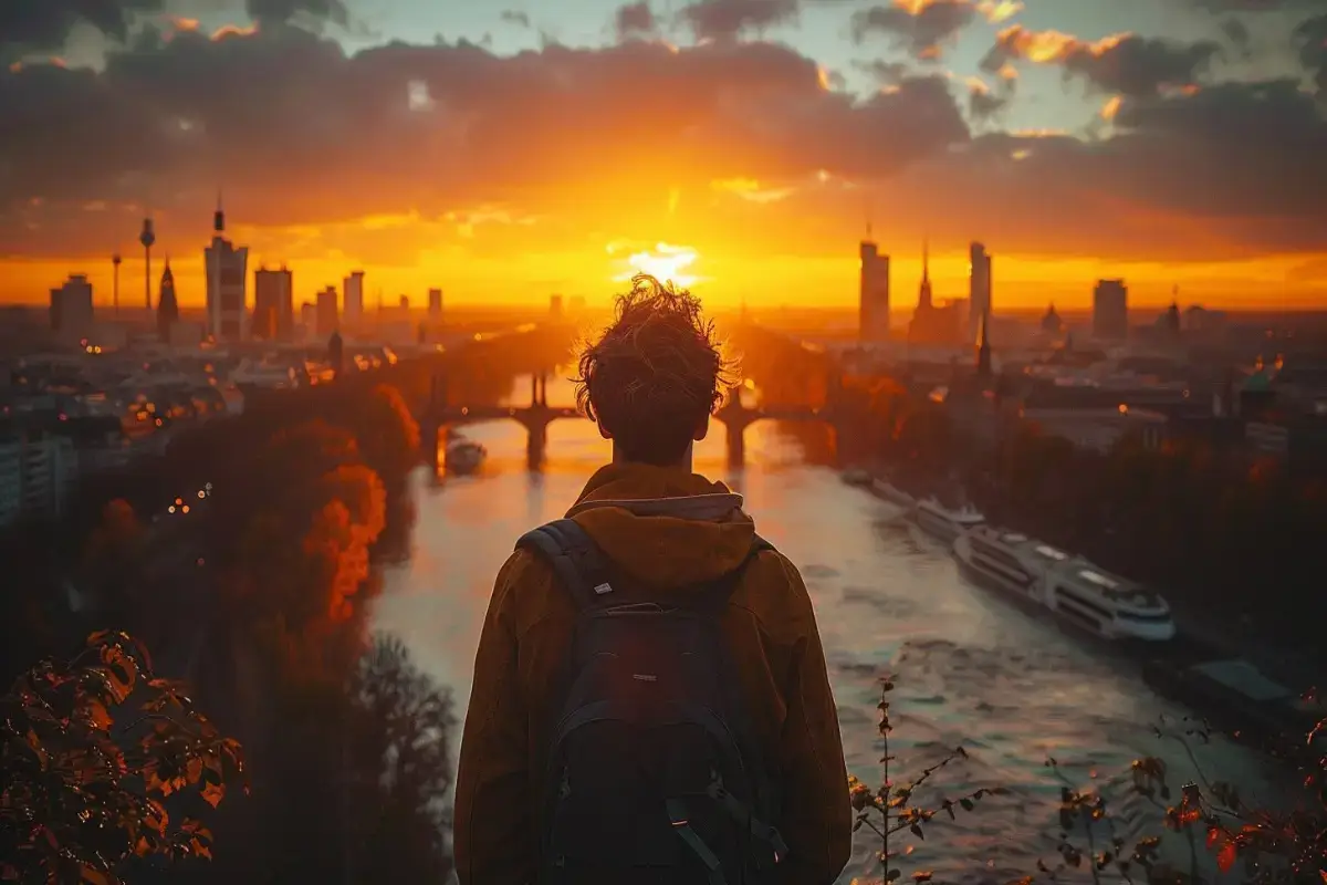 Étudiant devant un coucher de soleil à Berlin